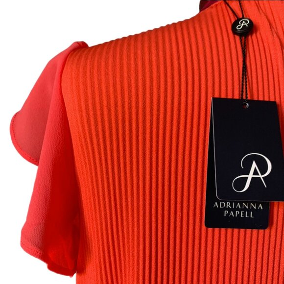 ADRIANNA PAPELL Coral top pleated chiffon ruffle sleeves large - Picture 6 of 8